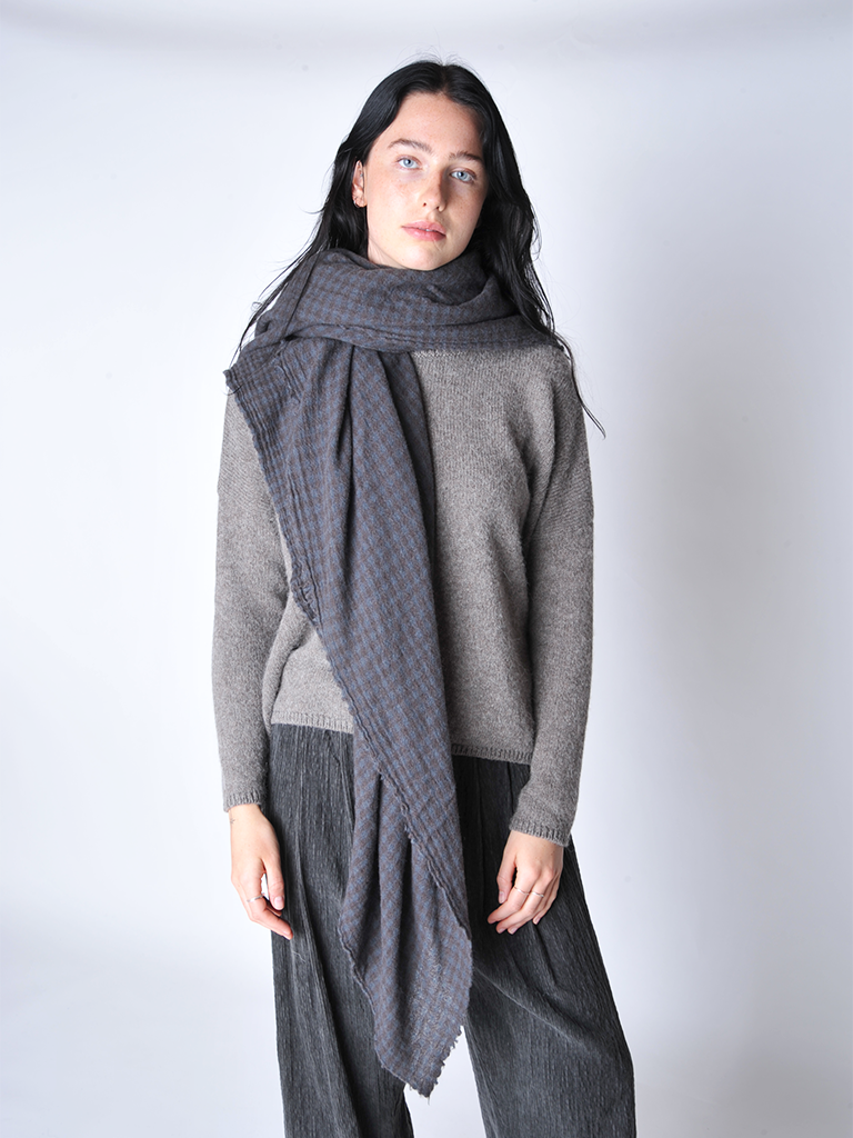 Grey and Brown Check Cashmere Stole - Roztayger