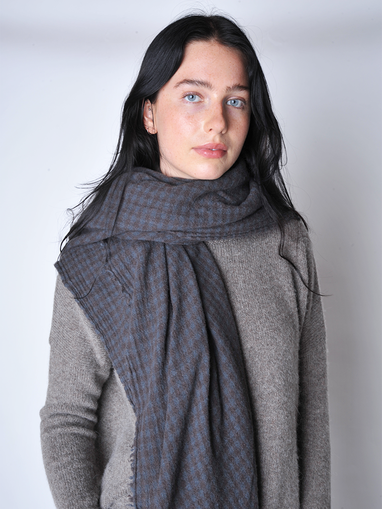 Grey and Brown Check Cashmere Stole - Roztayger
