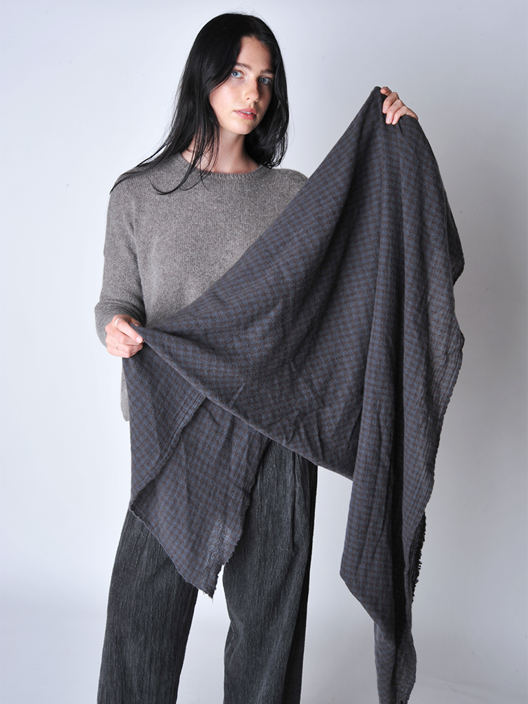 Grey and Brown Check Cashmere Stole - Roztayger