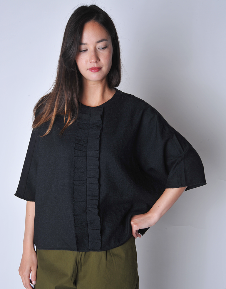 Black Wool Ruffle Front Blouse - Roztayger