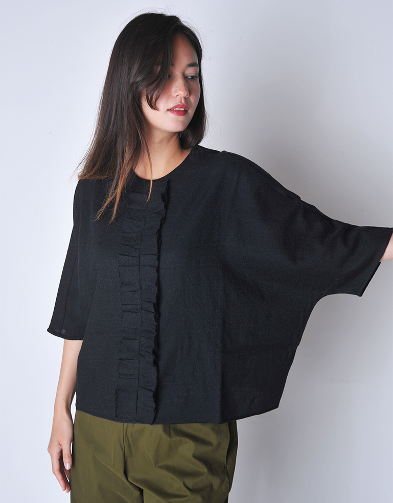 Black Wool Ruffle Front Blouse - Roztayger