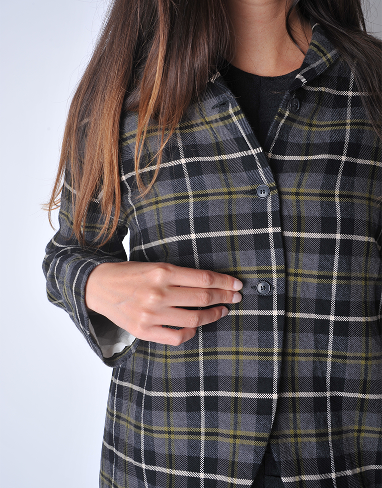 Black and Olive Plaid Cotton Wool Jacket - Roztayger