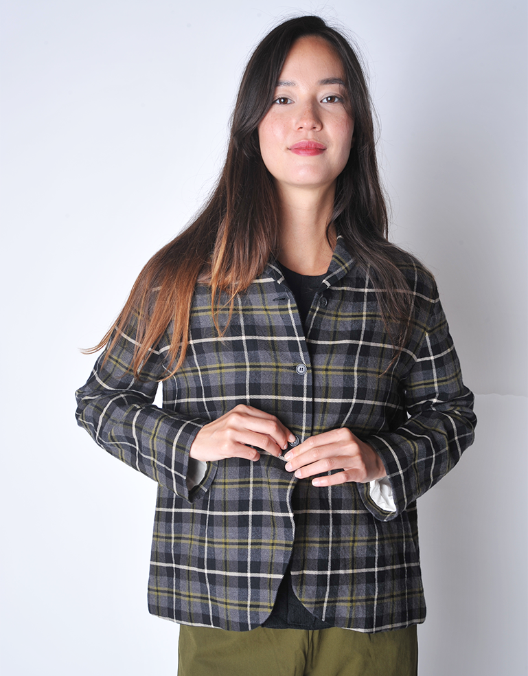 Black and Olive Plaid Cotton Wool Jacket - Roztayger