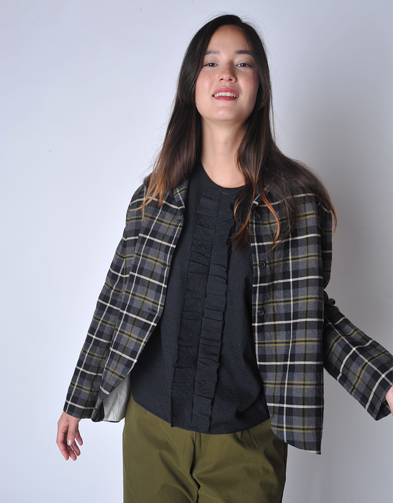 Black Wool Ruffle Front Blouse - Roztayger