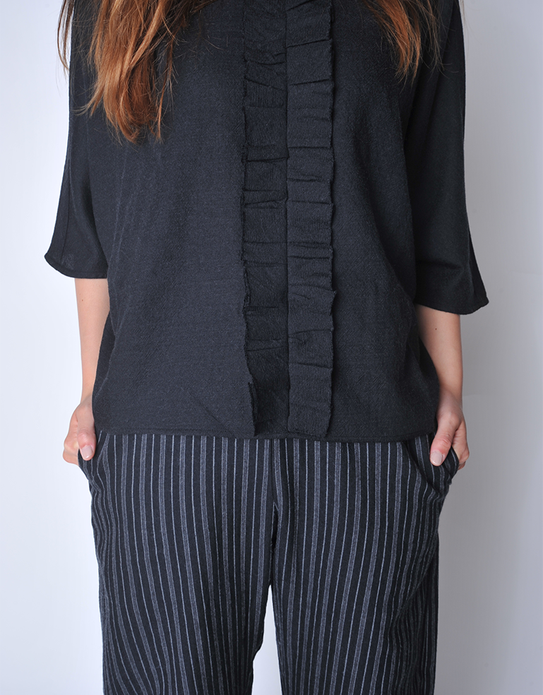 Black Wool Ruffle Front Blouse - Roztayger