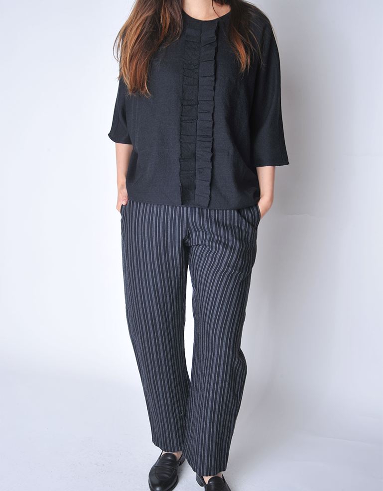 Black Wool Ruffle Front Blouse - Roztayger