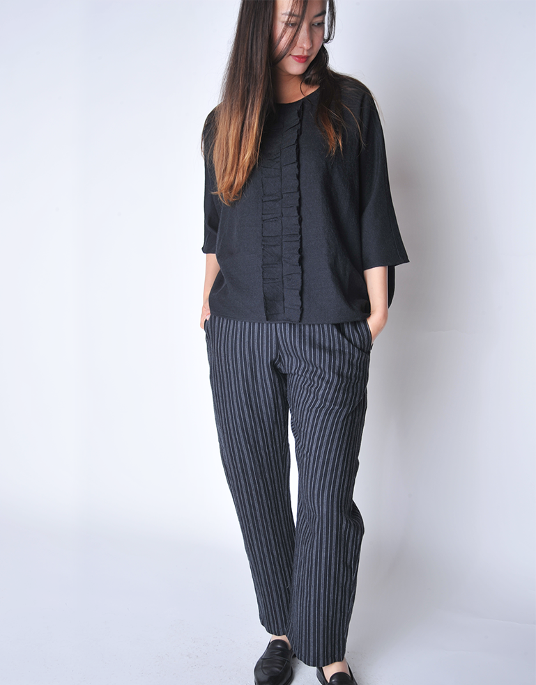 Black Wool Ruffle Front Blouse - Roztayger