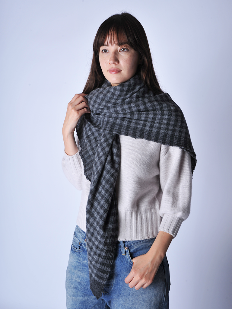 Grey Check Cashmere Stole - Roztayger