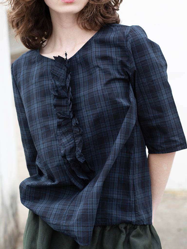 Grey Plaid Ruffle Front shirt