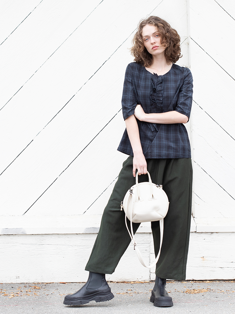 Grey Plaid Ruffle Front shirt