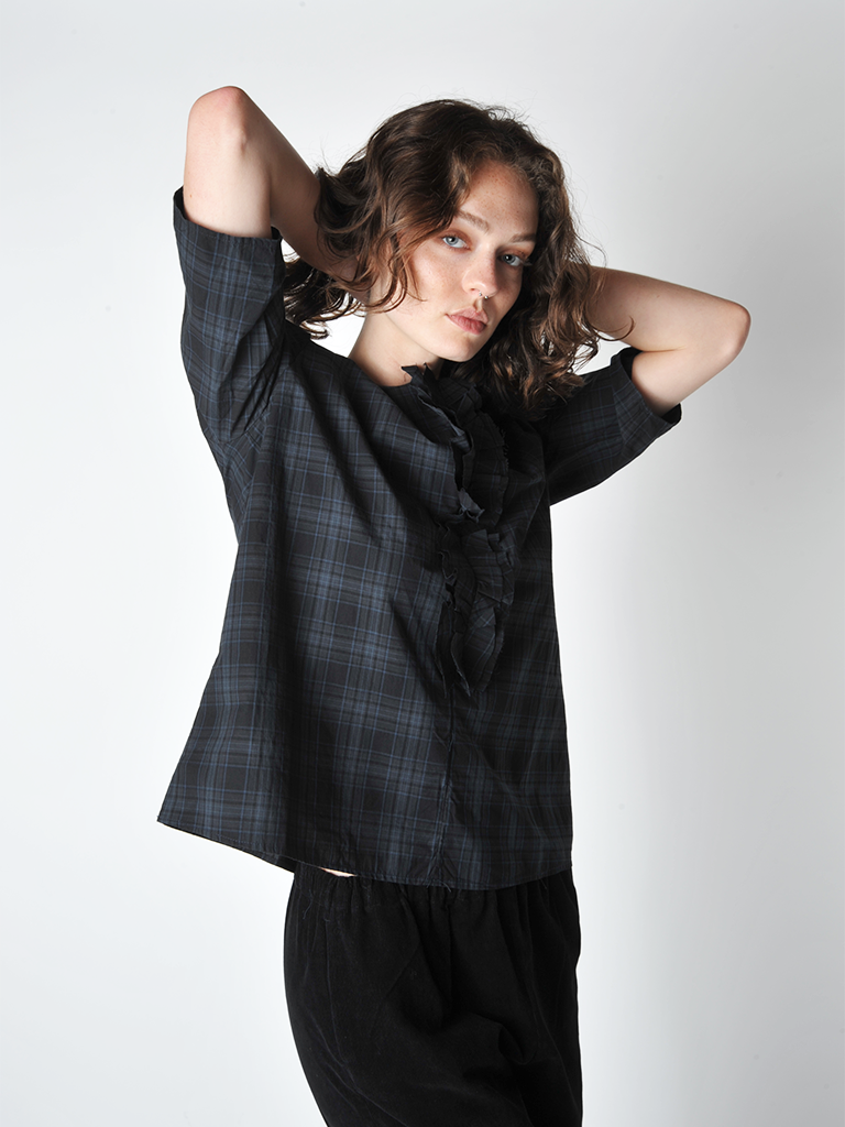 Grey Plaid Ruffle Front shirt