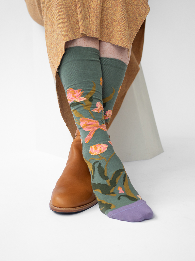 Olive and Peach Tulip Knee Socks