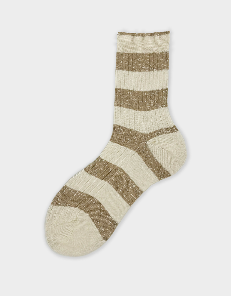 Crema and Gold  Horizontal Metallic Striped Erica Sock - Roztayger