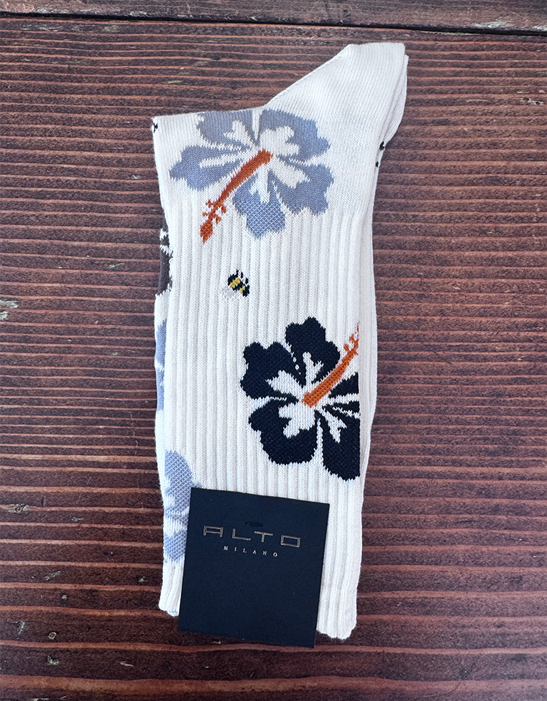 Cream Tropical Flower Ibisco Sock - Roztayger