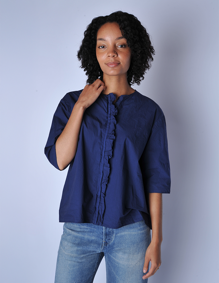 Kying Blue Ruffle 3/4 Sleeve Girl Shirt - Roztayger
