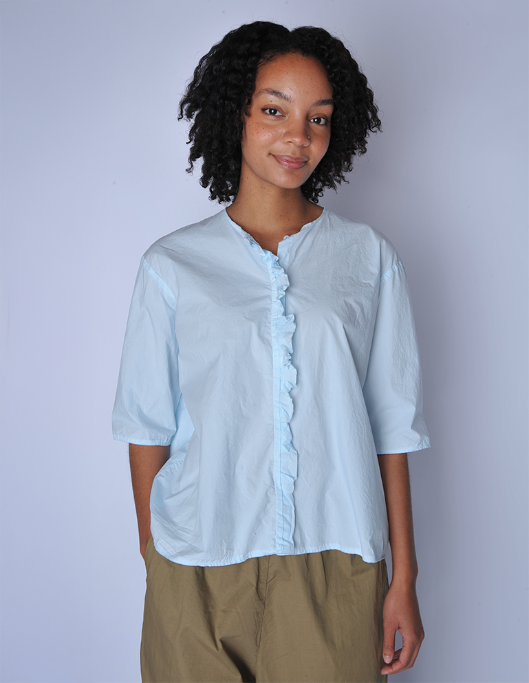 Chlorash Blue Ruffle 3/4 Sleeve Girl Shirt - Roztayger