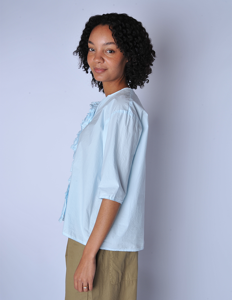 Chlorash Blue Ruffle 3/4 Sleeve Girl Shirt - Roztayger