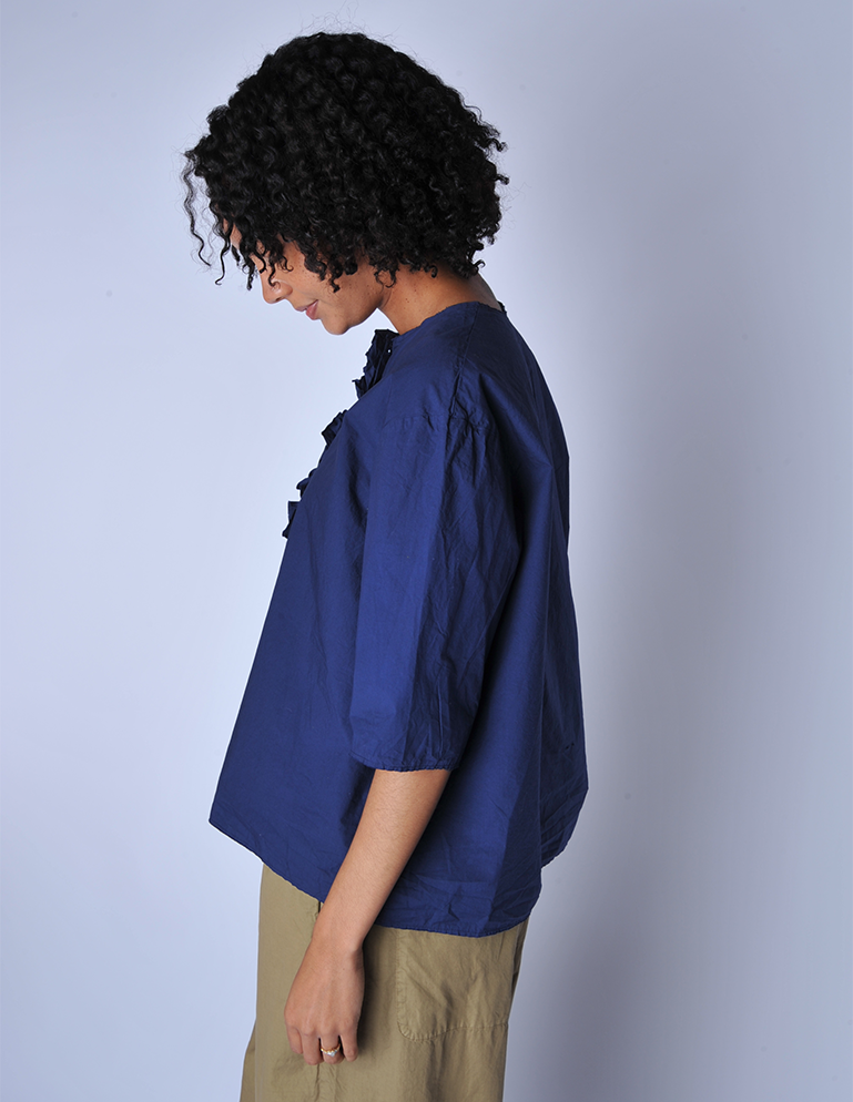 Kying Blue Ruffle 3/4 Sleeve Girl Shirt - Roztayger