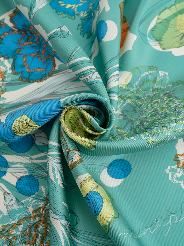 Green and Blue Floral Silk Scarf - Roztayger