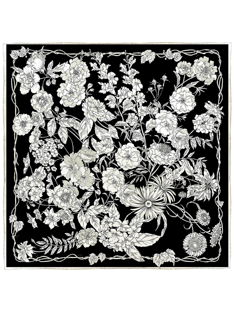 Black and White Floral Silk Scarf - Roztayger