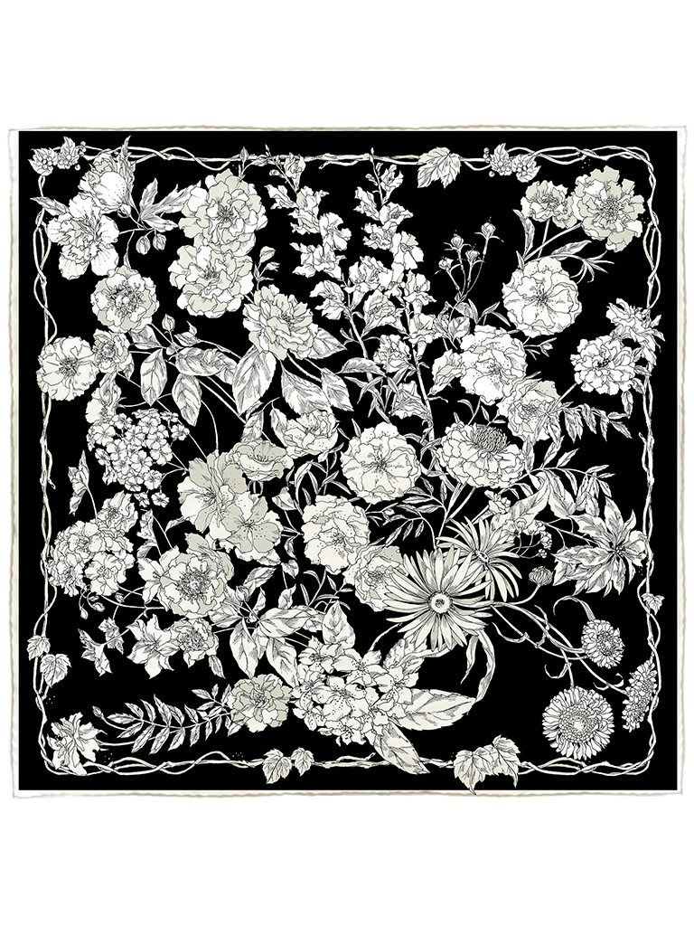 Black and White Floral Silk Scarf - Roztayger