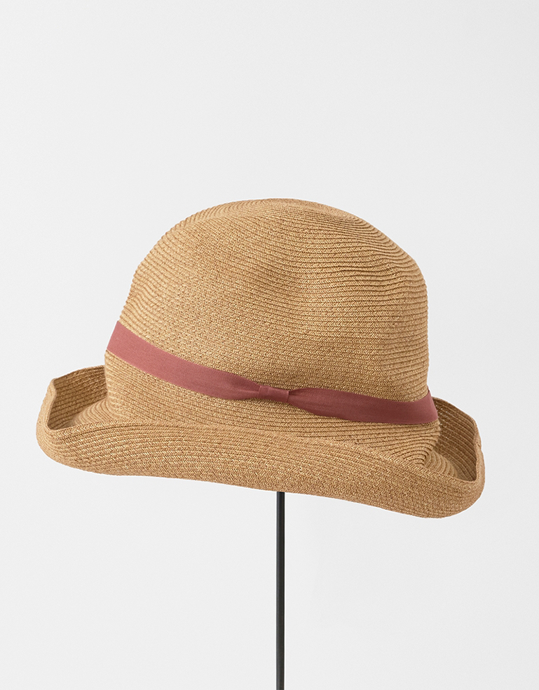 Mixed Brown Pale Red Ribbon Large Brimmed Box Hat - Roztayger