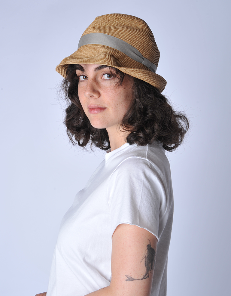 Mixed Brown with Grey Ribbon Small Brimmed Box Hat - Roztayger