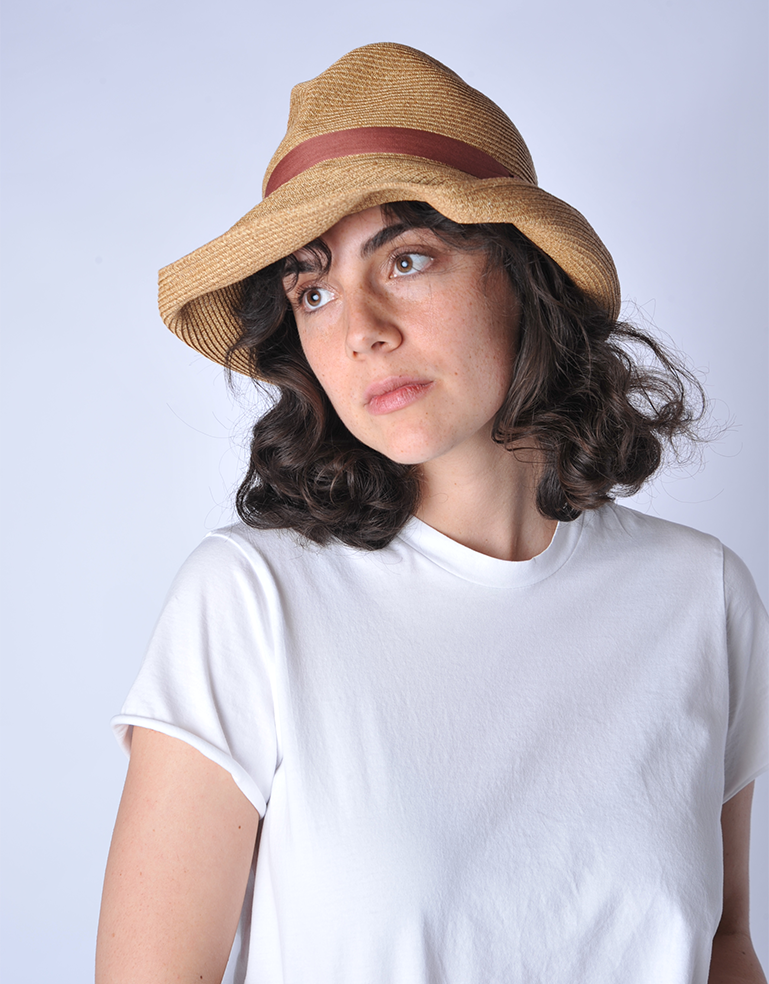 Mixed Brown Pale Red Ribbon Large Brimmed Box Hat - Roztayger