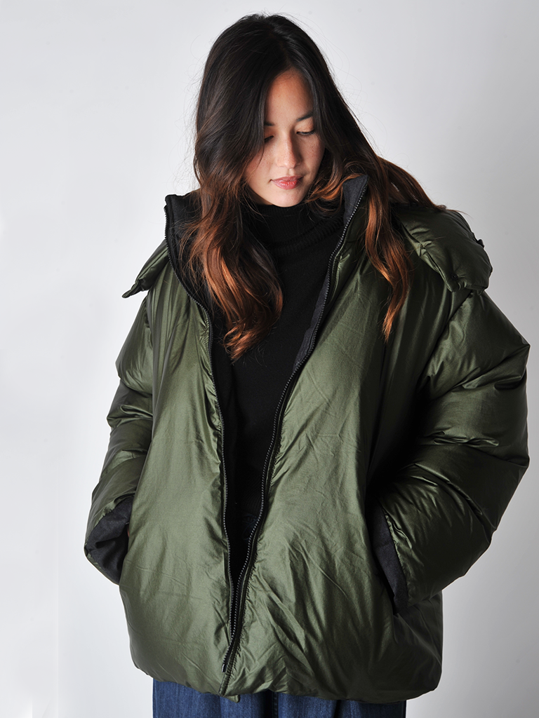 Khaki and Slate Odna Reversible Hooded Puffer Jacket