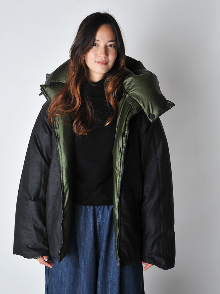 Khaki and Slate Odna Reversible Hooded Puffer Jacket