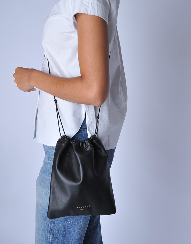 Black lamb nappa leather handbag with adjustable shoulder strap, TSATSAS ENA