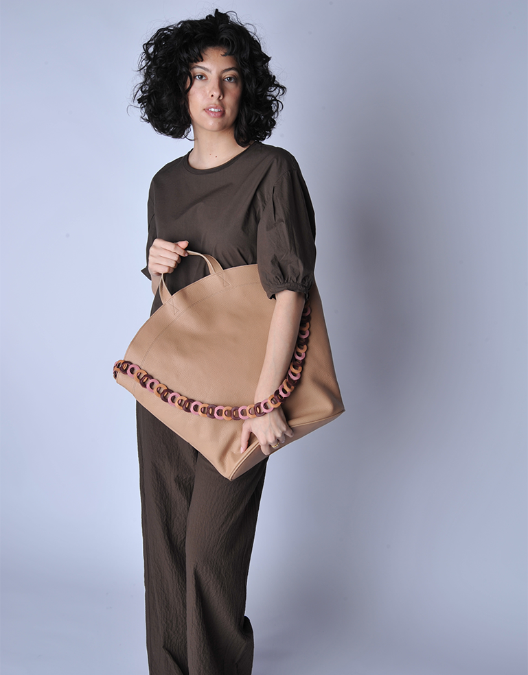 Tan Eloisa Fan Tote with Multicolor Strap - Roztayger