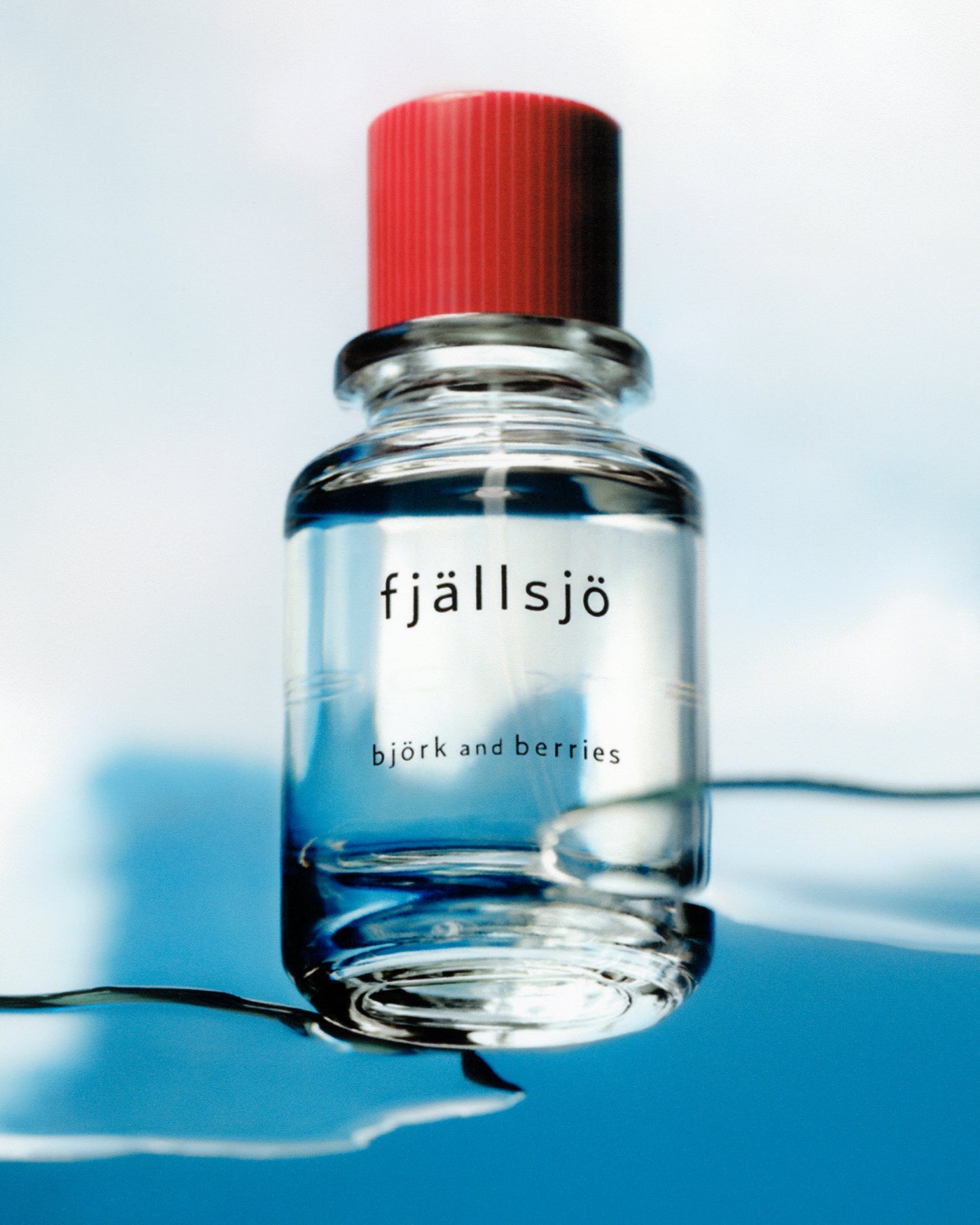 A clear glass bottle of fjällsjö perfume with a bright red cap, labeled 'fjällsjö björk and berries', set against a blue and white background with a reflective surface.