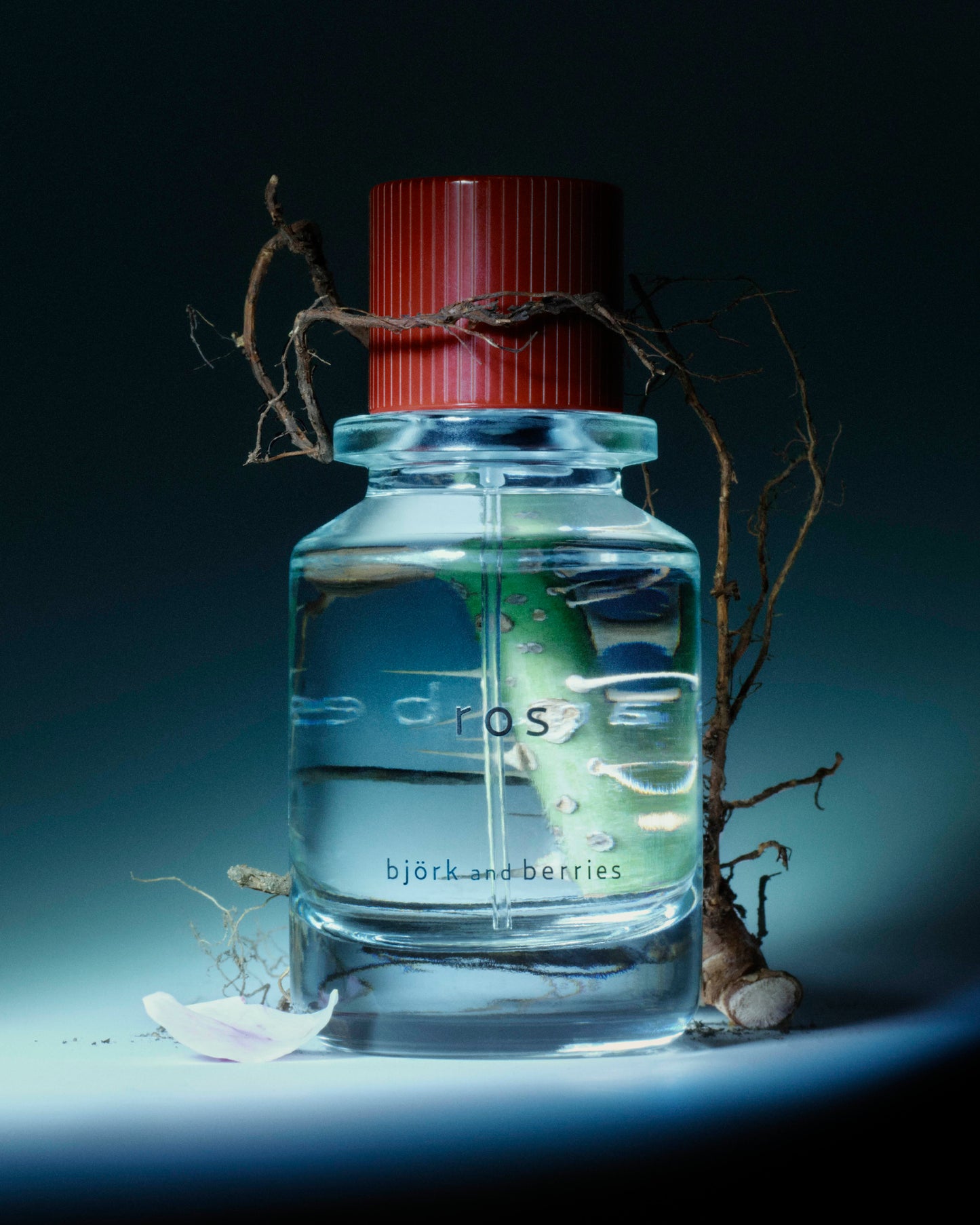 A clear glass perfume, ros björk and berries with a ribbed red cap, filled with pale green liquid and set against a dark studio background with dried roots and a petal around it.